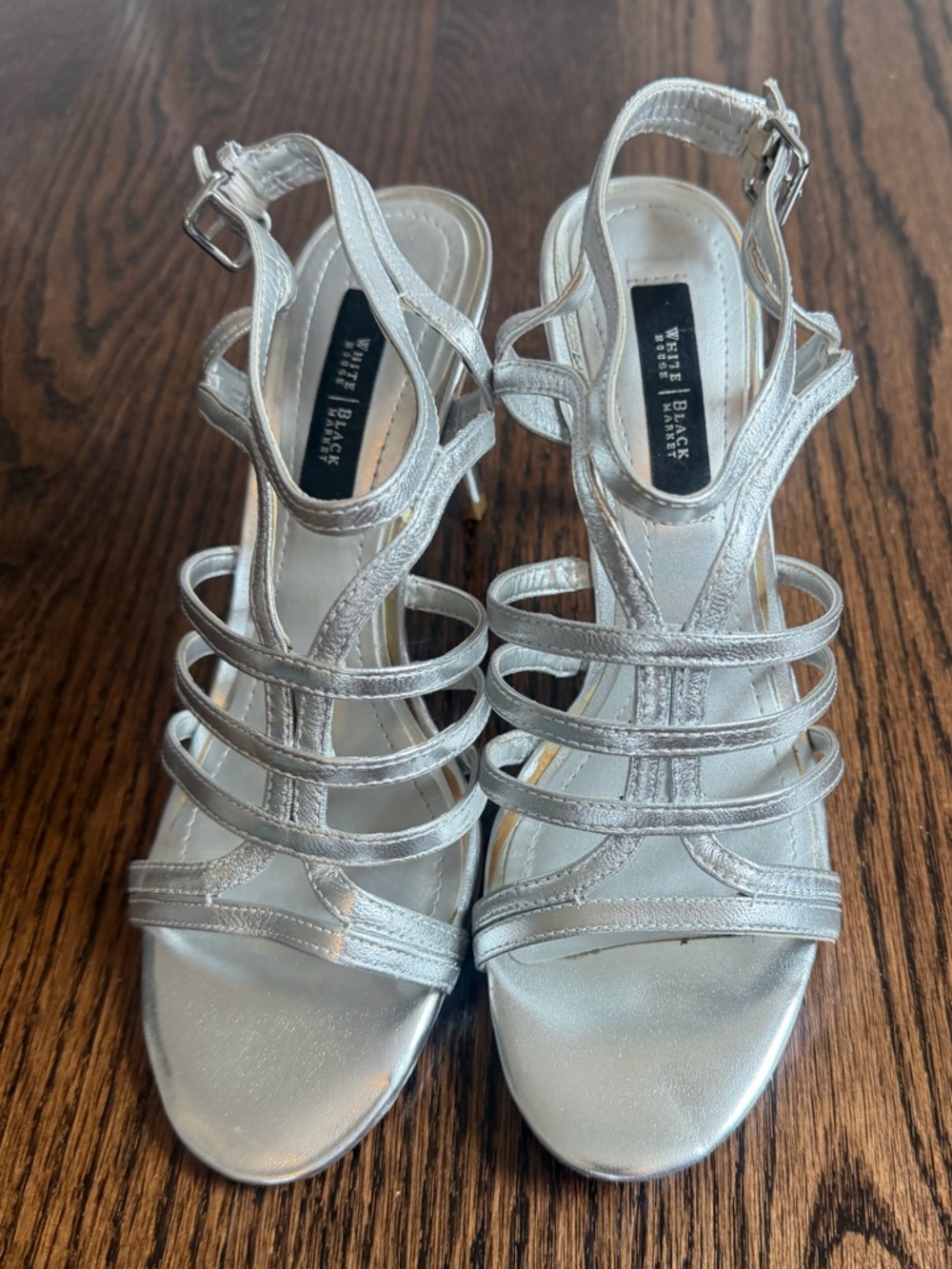 White House Black Market Metallic Silver Multi-Strap Heels Lilliana. 7.5 M